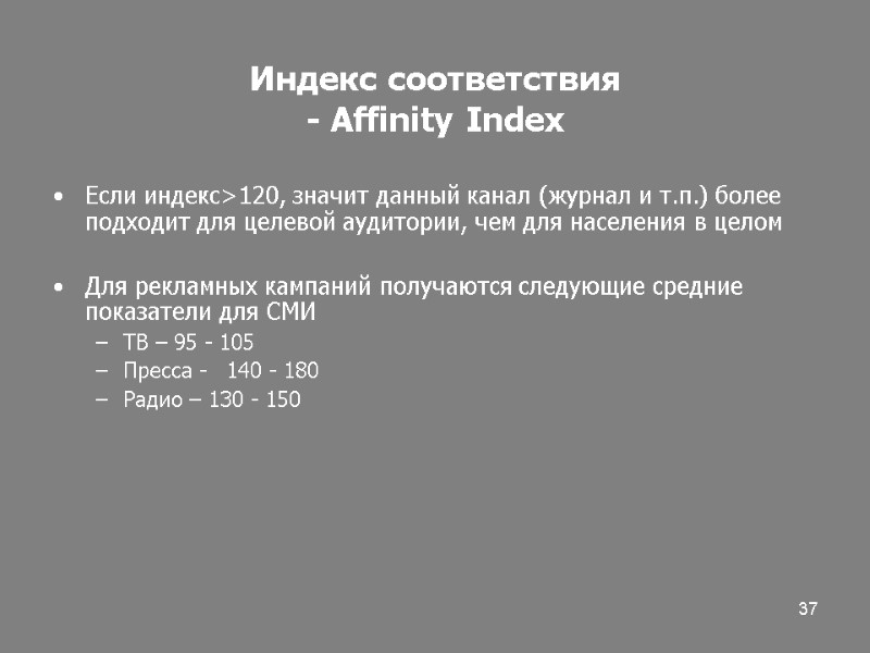 37 Индекс соответствия - Affinity Index Если индекс>120, значит данный канал (журнал и т.п.)